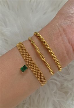 Jade Green Crystal Gold Woven Mesh Chain Bracelet