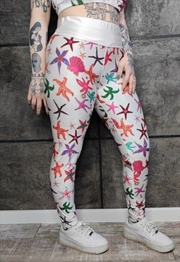 Sea print leggings ocean graffiti pants rainbow tights white