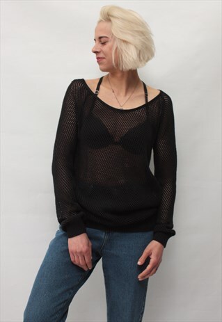 VINTAGE 90' AMAZING BEAUTIFUL MESH BLACK BLOUSE
