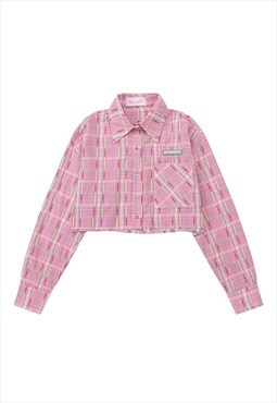 Cropped check shirt distressed cowboy top in retro pink