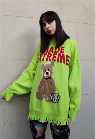 TEDDY BEAR SWEATER RIPPED FLUORESCENT KNITTED JUMPER GREEN
