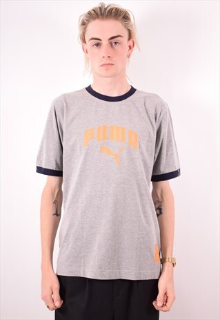 PUMA MENS VINTAGE T-SHIRT TOP LARGE GREY 90S