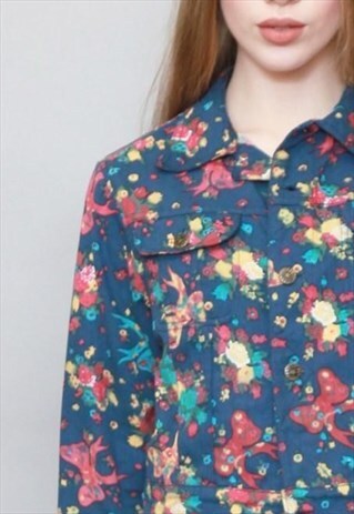 VINTAGE 1990'S FLORAL PRINT CROPPED DENIM JACKET
