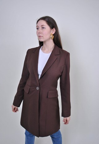 90S BROWN LONG BLAZER, VINTAGE SUIT FORMAL COAT, SPRING