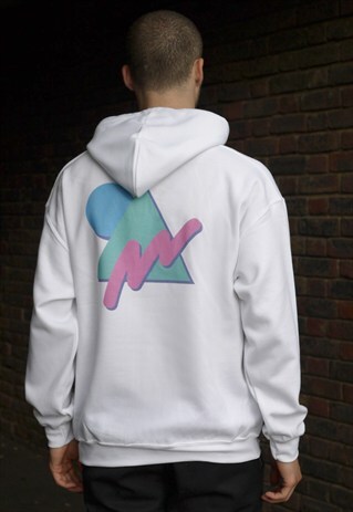 WHITE COTTON HOODIE WITH COLOURFUL 90S GEOMETRIC PATTERN