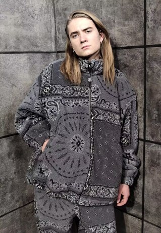 PAISLEY FLEECE BOMBER HANDMADE FAUXFUR 70S BANDANA COAT GREY