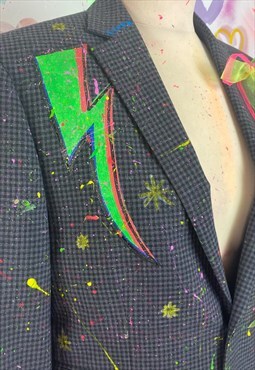 Hand Painted Check Blazer Colourful Reworked Heart Smiley