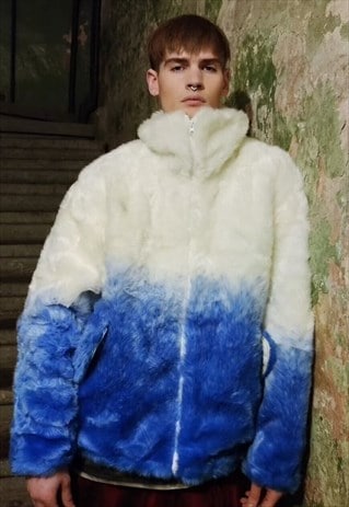 Gradient fleece jacket faux fur tie-dye print bomber in blue