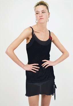 Vintage 2000s Mini Slip Dress in Black Frilly Velvet 