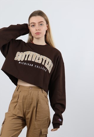 VINTAGE CHAMPION L BROWN CROPPED EMBROIDERED SWEATSHIRT