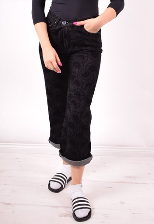 JUST CAVALLI WOMENS VINTAGE JEANS W28 L25 BLACK FLORAL 90S