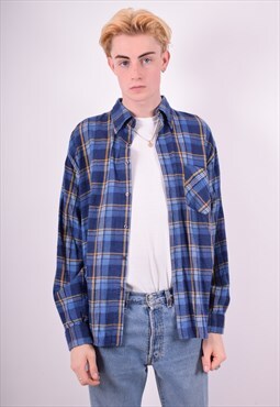 Mens Vintage Flannel Shirt XL Blue Check 90s Mens Vintage Flannel Shirt XL Blue Check 90s