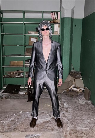 Vintage y2k shine cool unisex tailored baggy suit in silver