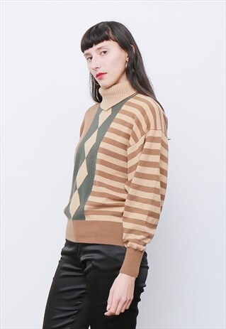 80'S VINTAGE ROLL NECK SOFT ARGYLL PATTERN WOOL JUMPER