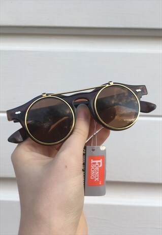 UNISEX VINTAGE STYLE FOLD UP BROWN STEAMPUNK SUNGLASSES