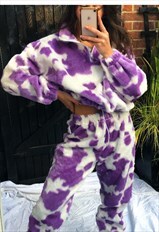 Handmade purple and white faux fur cow print jumper