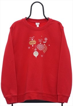 Vintage Baubles Embroidered Red Christmas Sweatshirt Womens