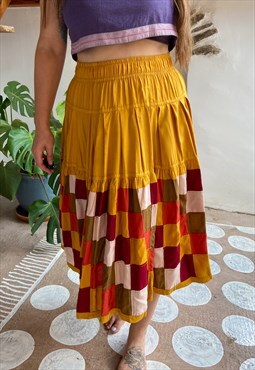 Vintage 70's Patchwork Square Mustard Midi Skirt - S/M