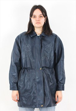Real Leather Jacket Over Coat Zip Up Blazer Navy Blue Moto
