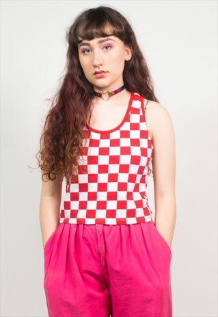 VINTAGE 90'S RED CHECKERBOARD VEST TOP T-SHIRT
