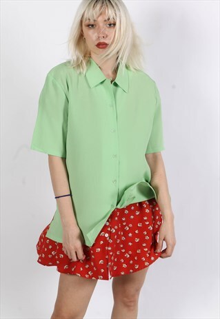 VINTAGE 1980'S BUTTON UP BLOUSE TOP GREEN