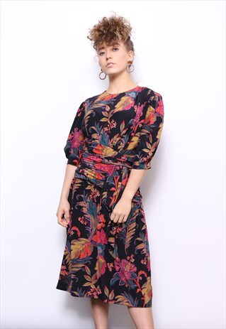 VINTAGE 80S DARK FLORAL PRINT SILK RUCHED DRESS
