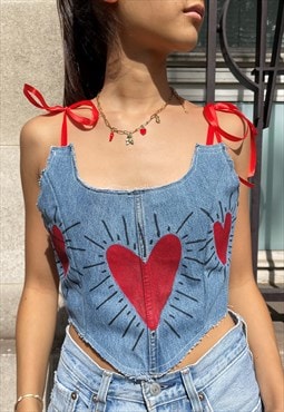 Bowsdontcry upcycled denim Corset top with hearts