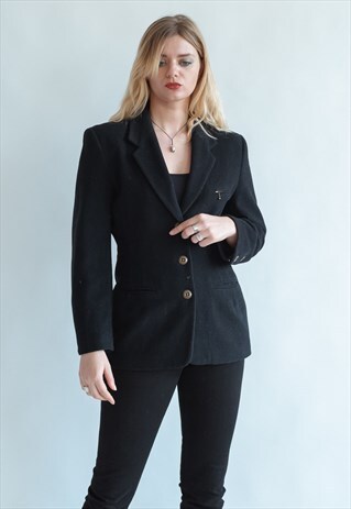 VINTAGE 80S MINIMAL FITTED BLAZER IN BLACK WOOL