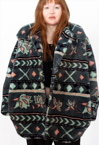 VINTAGE 90S AZTEC PRINT FAUX FUR COAT ID:5271