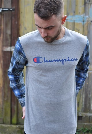 90'S GRUNGE CHAMPION REWORK VINTAGE CHECK SHIRT SLEEVES TEE
