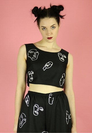 FACES PRINT BLACK CROP TOP CO-ORD