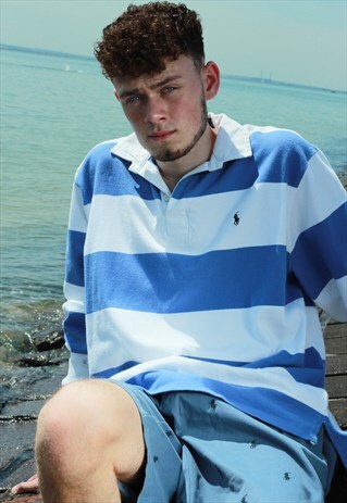 RALPH LAUREN BLUE AND WHITE STRIPED RUGBY SHIRT