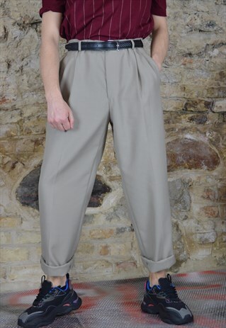 VINTAGE BEIGE CLASSIC STRAIGHT SUIT TROUSERS