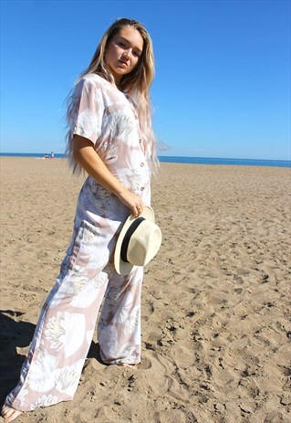 TAUPE & WHITE FLORAL PRINT SHORT SLEEVED JUMPSUIT