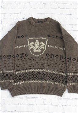 90's Brown Patterned Jumper Knitwear Fair Isle