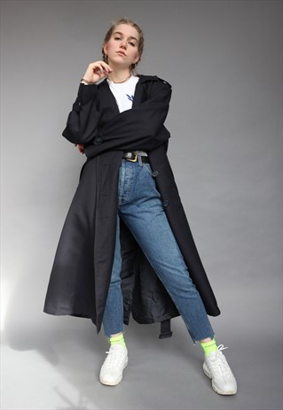 VINTAGE 90'S NAVY BLUE TRENCH OVERCOAT PURE WOOL