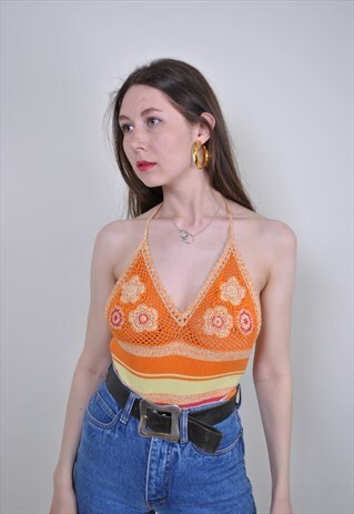 ORANGE YELLOW COLOR STRIPED FLOWERS EMBROIDERY KNITTED TANK