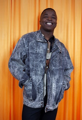 VINTAGE 80S DENIM JACKET DARK GREY ACID WASH BLEACHED