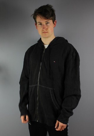 VINTAGE TOMMY HILFIGER ZIP HOODIE IN BLACK WITH EMBROIDERY