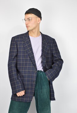 Vintage dark blue checkered classic 80's wool suit blazer