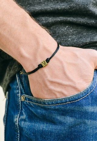 MENS BRACELET BRONZE V LETTER VEGETARIAN BLACK CORD FOR HIM