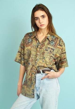 90'S RETRO ABSTRACT PATTERN SILK BLOUSE SHIRT TOP