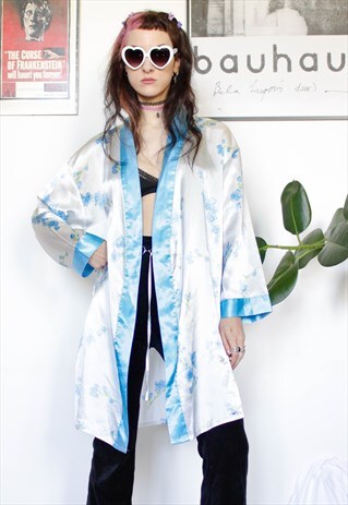 90s grunge y2k vintage white satin blue floral kimono robe