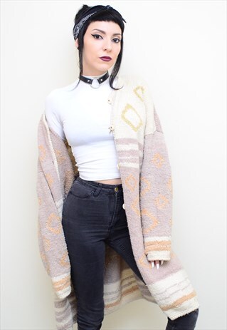 VINTAGE 90'S GRUNGE PATTERNED CHUNKY KNITTED WINTER CARDIGAN