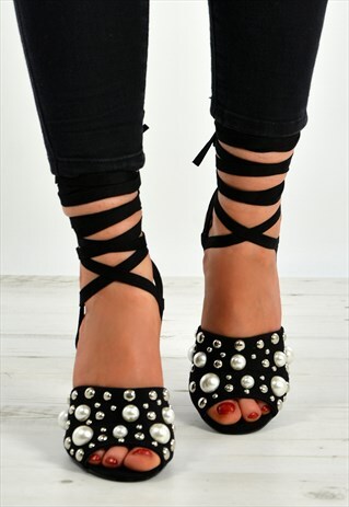 BLACK PEEP TOE PEARL STUDS BLOCK HEEL ANKLE SANDALS SHOES