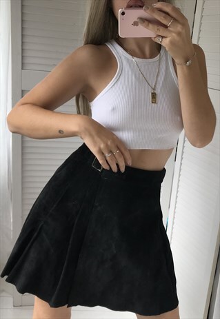 PREMIUM VINTAGE 90S BLACK REAL SUEDE PLEATED KILT SKIRT