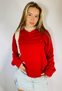 Vintage 90s Tommy Hilfiger Embroidered Knitted Red Jumper