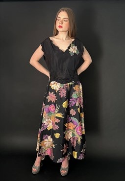 50's Vintage Floral Black Sleeveless Taffeta Midi Dress