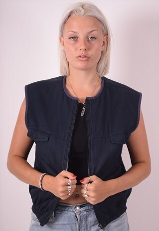 ASICS WOMENS VINTAGE GILET LARGE NAVY BLUE 90S