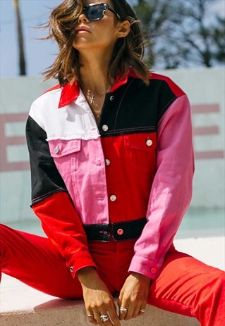 PANELLED DENIM JACKET IN RED PINK BLACK